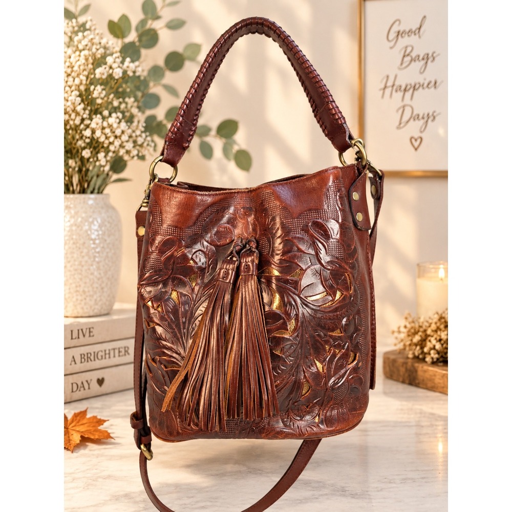 Patricia Nash Otavia Cut Out Tooling Leather Bucket Bag British Tan Brown